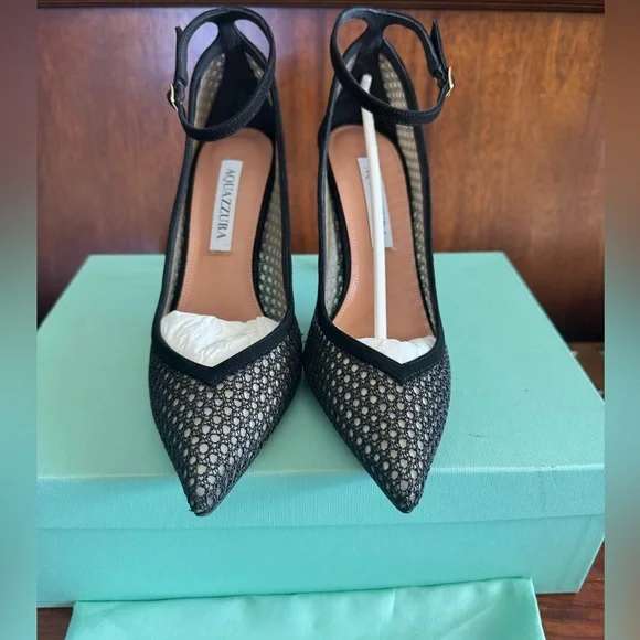 Aquazzura Asha Mesh Leather Pump 85 Black Heels – Size 37 – NIB - Picture 2 of 12